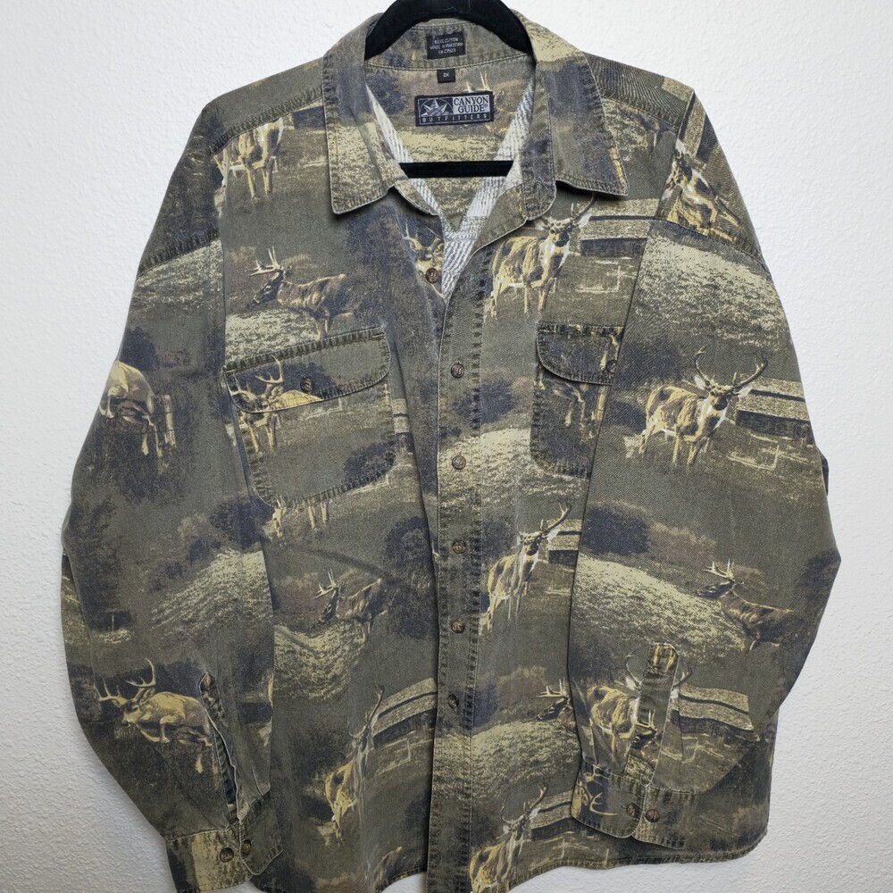 Vintage Canyon Guide Elk Deer Print Shirt 2X 90s Outdoors Cotton Button Up